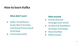 How to learn Kafka
What didnʼt work
● Kafka: The Definitive
Guide: Real-Time Data
and Stream Processing at
Scale book
● Community slacks
15
What worked
● Friends (the text
messages were weird)
● Confluent & Snowflakeʼs
developer workshops
● Stack Overflow
● Medium posts
 