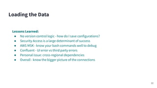 Lessons Learned:
● No version control logic - how do I save configurations?
● Security Access is a large determinant of success
● AWS MSK - know your bash commands well to debug
● Confluent - UI error vs third party errors
● Personal issue: cross-regional dependencies
● Overall - know the bigger picture of the connections
Loading the Data
22
 