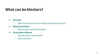 ● Security
○ How much access to the infrastructure do you have?
● Data Governance
○ How do you maintain PII data?
● Cross team reliance
○ How do other teams work?
○ Data contracts
What can be blockers?
31
 