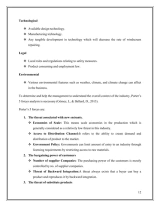 Technological
 Available design technology.
 Manufacturing technology.
 Any tangible development in technology which will decrease the rate of windscreen
repairing.
Legal
 Local rules and regulations relating to safety measures.
 Product consuming and employment law.
Environmental
 Various environmental features such as weather, climate, and climate change can affect
in the business.
To determine and help the management to understand the overall context of the industry, Porter’s
5 forces analysis is necessary (Gómez, L, & Ballard, D., 2013).
Porter’s 5 forces are:
1. The threat associated with new entrants.
 Economies of Scale: This means scale economies in the production which is
generally considered as a relatively low threat in this industry.
 Access to Distribution Channel:It refers to the ability to create demand and
distribution of product to the market.
 Government Policy: Governments can limit amount of entry to an industry through
licensing requirements by restricting access to raw materials.
2. The bargaining power of customers
 Number of supplier Companies: The purchasing power of the customers is mostly
controlled by no. of supplier companies.
 Threat of Backward Integration:A threat always exists that a buyer can buy a
product and reproduces it by backward integration.
3. The threat of substitute products
12

 