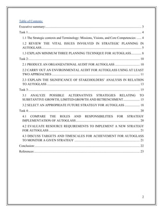 Table of Contents:
Executive summary:........................................................................................................................ 3
Task 1 .............................................................................................................................................. 4
1.1 The Strategic contexts and Terminology: Missions, Visions, and Core Competencies: ...... 4
1.2 REVIEW THE VITAL ISSUES INVOLVED IN STRATEGIC PLANNING IN
AUTOGLASS ............................................................................................................................. 5
1.3 EXPLAIN MINIMUM THREE PLANNING TECHNIQUE FOR AUTOGLASS............. 8
Task 2: ........................................................................................................................................... 10
2.1 PRODUCE AN ORGANIZATIONAL AUDIT FOR AUTOGLASS ............................... 10
2.2 CARRY OUT AN ENVIRONMENTAL AUDIT FOR AUTOGLASS USING AT LEAST
TWO APPROACHES .............................................................................................................. 11
2.3 EXPLAIN THE SIGNIFICANCE OF STAKEHOLDERS’ ANALYSIS IN RELATION
TO AUTOGLASS .................................................................................................................... 13
Task 3: ........................................................................................................................................... 15
3.1 ANALYZE POSSIBLE ALTERNATIVES STRATEGIES RELATING TO
SUBSTANTIVE GROWTH, LIMITED GROWTH AND RETRENCHMENT..................... 15
3.2 SELECT AN APPROPRIATE FUTURE STRATEGY FOR AUTOGLASS ................... 18
Task 4: ........................................................................................................................................... 20
4.1 COMPARE THE ROLES AND RESPONSIBILITIES FOR STRATEGY
IMPLEMENTATION OF AUTOGLASS ................................................................................ 20
4.2 EVALUATE RESOURCE REQUIREMENTS TO IMPLEMENT A NEW STRATEGY
FOR AUTOGLASS .................................................................................................................. 21
4.3 DISCUSS TARGETS AND TIMESCALES FOR ACHIEVEMENT FOR AUTOGLASS
TO MONITOR A GIVEN STRATEGY .................................................................................. 21
Conclusion: ................................................................................................................................... 22
References: .................................................................................................................................... 23

2

 