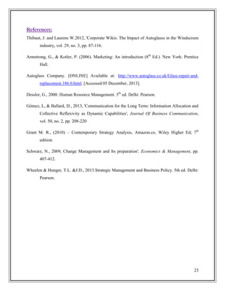 References:
Thibaut, J. and Laurens W.2012, 'Corporate Wikis: The Impact of Autoglasss in the Windscreen
industry, vol. 29, no. 3, pp. 87-116.
Armstrong, G., & Kotler, P. (2006). Marketing: An introduction (8th Ed.). New York: Prentice
Hall.
Autoglass Company. [ONLINE] Available at: http://www.autoglass.co.uk/Glass-repair-andreplacement.186.0.html. [Accessed 05 December, 2013].
Dessler, G., 2000. Human Resource Management. 5th ed. Delhi: Pearson.
Gómez, L, & Ballard, D., 2013, 'Communication for the Long Term: Information Allocation and
Collective Reflexivity as Dynamic Capabilities', Journal Of Business Communication,
vol. 50, no. 2, pp. 208-220
Grant M. R., (2010) – Contemporary Strategy Analysis, Amazon.co, Wiley Higher Ed; 7th
edition.
Schwarz, N., 2009, Change Management and Its preparation', Economics & Management, pp.
407-412.
Wheelen & Hunger, T.L. &J.D., 2013.Strategic Management and Business Policy. 5th ed. Delhi:
Pearson.

23

 