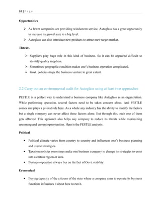 10 | P a g e

Opportunities
 As fewer companies are providing windscreen service, Autoglass has a great opportunity
to increase its growth rate to a big level.
 Autoglass can also introduce new products to attract new target market.
Threats
 Suppliers play huge role in this kind of business. So it can be appeared difficult to
identify quality suppliers.
 Sometimes geographic condition makes one’s business operation complicated.
 Govt. policies shape the business venture to great extent.

2.2 Carry out an environmental audit for Autoglass using at least two approaches
PESTLE is a perfect way to understand a business company like Autoglass as an organization.
While performing operation, several factors need to be taken concern about. And PESTLE
comes and plays a pivotal role here. As a whole any industry has the ability to modify the factors
but a single company can never affect those factors alone. But through this, each one of them
gets affected. This approach also helps any company to reduce its threats while maximizing
upcoming and current opportunities. Here is the PESTLE analysis:
Political


Political climate varies from country to country and influences one’s business planning
and overall strategies.



Taxation policies sometimes make one business company to change its strategies to enter
into a certain region or area.



Business operation always lies on the fact of Govt. stability.

Economical


Buying capacity of the citizens of the state where a company aims to operate its business
functions influences it about how to run it.

 