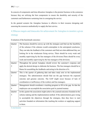 19 | P a g e

In concern of components and time allocation Autoglass is the premier business in the commerce
because they are utilizing the best components to ensure the durability and security of the
customers and furthermore sustaining time in consigning the service.
In the granted scenario the Autoglass business is effective in their resource designing and
assessing the resources methodically to supply the best service.

4.3Discuss targets and timescales for achievement for Autoglass to monitor a given
strategy
Evaluation of the benchmark outcomes:
Quarter

The business should be convey up with the strategies and find out the feasibility

1

of the schemes if the schemes would contemplate in the anticipated conclusion.
They can take the feedback of the customers and find out what additional they are
looking for in the windscreen fixing service. There should be every week and
monthly supervising by the line managers of the divisions.There should be every
week and monthly supervising by the line managers of the divisions.

Quarter

Throughout the period Autoglass should review the customer’s response and

2

apply the desired design to elaborate the business. The line managers should be to
blame for assembling the feedbacks and acting in the direction of it.

Quarter

This is the quarter of gathering data and takes study note on the implemented

3

strategies. The administration should find out the gap between the expected
outcome and genuine outcome. The GAP might occur because of lack of
coordination or inefficiency of the workers and line managers.

Quarter

Management should coordinate a teaching program to fill in the gap. So that the

4

employees can accomplish the association goal in yearned manner.

Quarter

In this quarter the association might achieve the yearned outcomes founded on the

5

scheme making and the implementation method. If the administration goes wrong
to accomplish the objectives through the strategies, then they have to start
activities founded on information like teaching the workers or supplying support
to them.

Conclusion

 