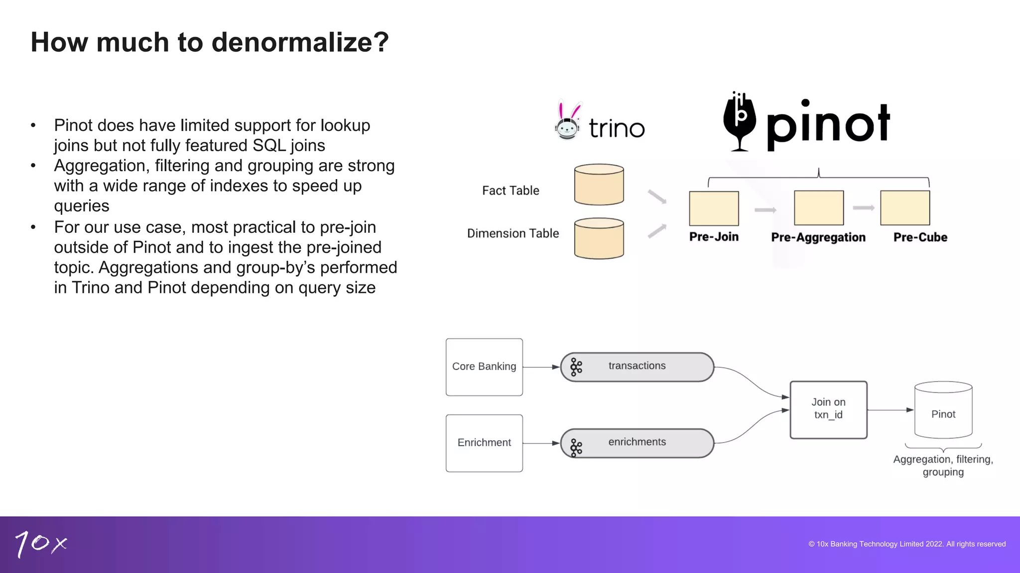 © 10x Banking Technology Limited 2022. All rights reserved
How much to denormalize?
• Pinot does have limited support for lookup
joins but not fully featured SQL joins
• Aggregation, filtering and grouping are strong
with a wide range of indexes to speed up
queries
• For our use case, most practical to pre-join
outside of Pinot and to ingest the pre-joined
topic. Aggregations and group-by’s performed
in Trino and Pinot depending on query size
 