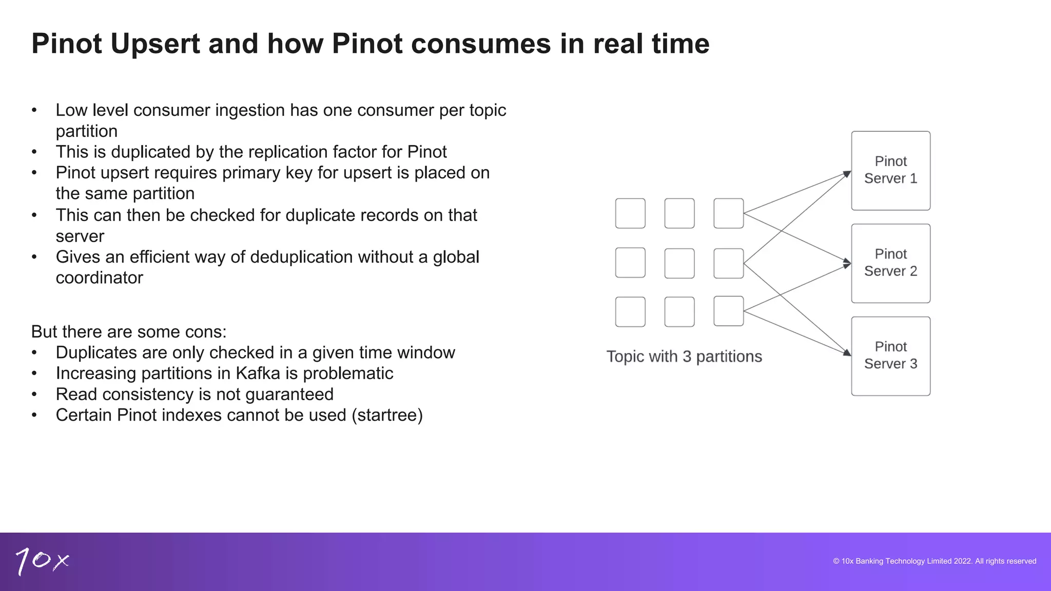 © 10x Banking Technology Limited 2022. All rights reserved
Pinot Upsert and how Pinot consumes in real time
• Low level consumer ingestion has one consumer per topic
partition
• This is duplicated by the replication factor for Pinot
• Pinot upsert requires primary key for upsert is placed on
the same partition
• This can then be checked for duplicate records on that
server
• Gives an efficient way of deduplication without a global
coordinator
But there are some cons:
• Duplicates are only checked in a given time window
• Increasing partitions in Kafka is problematic
• Read consistency is not guaranteed
• Certain Pinot indexes cannot be used (startree)
 