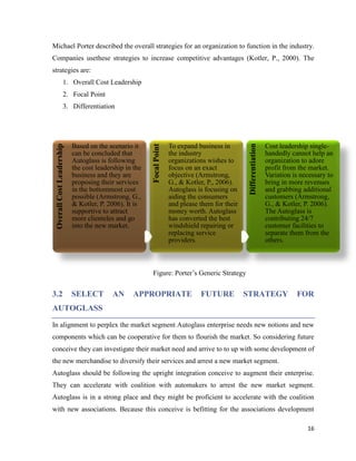Michael Porter described the overall strategies for an organization to function in the industry.
Companies usethese strategies to increase competitive advantages (Kotler, P., 2000). The
strategies are:
1. Overall Cost Leadership
2. Focal Point

Differentiation

Based on the scenario it
can be concluded that
Autoglass is following
the cost leadership in the
business and they are
proposing their services
in the bottommost cost
possible (Armstrong, G.,
& Kotler, P. 2006). It is
supportive to attract
more clienteles and go
into the new market.

Focal Point

Overall Cost Leadership

3. Differentiation

To expand business in
the industry
organizations wishes to
focus on an exact
objective (Armstrong,
G., & Kotler, P., 2006).
Autoglass is focusing on
aiding the consumers
and please them for their
money worth. Autoglass
has converted the best
windshield repairing or
replacing service
providers.

Cost leadership singlehandedly cannot help an
organization to adore
profit from the market.
Variation is necessary to
bring in more revenues
and grabbing additional
customers (Armstrong,
G., & Kotler, P. 2006).
The Autoglass is
contributing 24/7
customer facilities to
separate them from the
others.

Figure: Porter’s Generic Strategy

3.2

SELECT

AN

APPROPRIATE

FUTURE

STRATEGY

FOR

AUTOGLASS
In alignment to perplex the market segment Autoglass enterprise needs new notions and new
components which can be cooperative for them to flourish the market. So considering future
conceive they can investigate their market need and arrive to to up with some development of
the new merchandise to diversify their services and arrest a new market segment.
Autoglass should be following the upright integration conceive to augment their enterprise.
They can accelerate with coalition with automakers to arrest the new market segment.
Autoglass is in a strong place and they might be proficient to accelerate with the coalition
with new associations. Because this conceive is befitting for the associations development
16

 