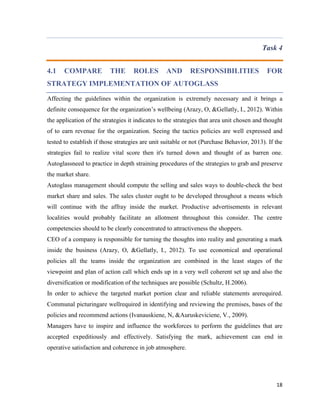 Task 4
4.1

COMPARE

THE

ROLES

AND

RESPONSIBILITIES

FOR

STRATEGY IMPLEMENTATION OF AUTOGLASS
Affecting the guidelines within the organization is extremely necessary and it brings a
definite consequence for the organization’s wellbeing (Arazy, O, &Gellatly, I., 2012). Within
the application of the strategies it indicates to the strategies that area unit chosen and thought
of to earn revenue for the organization. Seeing the tactics policies are well expressed and
tested to establish if those strategies are unit suitable or not (Purchase Behavior, 2013). If the
strategies fail to realize vital score then it's turned down and thought of as barren one.
Autoglassneed to practice in depth straining procedures of the strategies to grab and preserve
the market share.
Autoglass management should compute the selling and sales ways to double-check the best
market share and sales. The sales cluster ought to be developed throughout a means which
will continue with the affray inside the market. Productive advertisements in relevant
localities would probably facilitate an allotment throughout this consider. The centre
competencies should to be clearly concentrated to attractiveness the shoppers.
CEO of a company is responsible for turning the thoughts into reality and generating a mark
inside the business (Arazy, O, &Gellatly, I., 2012). To use economical and operational
policies all the teams inside the organization are combined in the least stages of the
viewpoint and plan of action call which ends up in a very well coherent set up and also the
diversification or modification of the techniques are possible (Schultz, H.2006).
In order to achieve the targeted market portion clear and reliable statements arerequired.
Communal picturingare wellrequired in identifying and reviewing the premises, bases of the
policies and recommend actions (Ivanauskiene, N, &Auruskeviciene, V., 2009).
Managers have to inspire and influence the workforces to perform the guidelines that are
accepted expeditiously and effectively. Satisfying the mark, achievement can end in
operative satisfaction and coherence in job atmosphere.

18

 