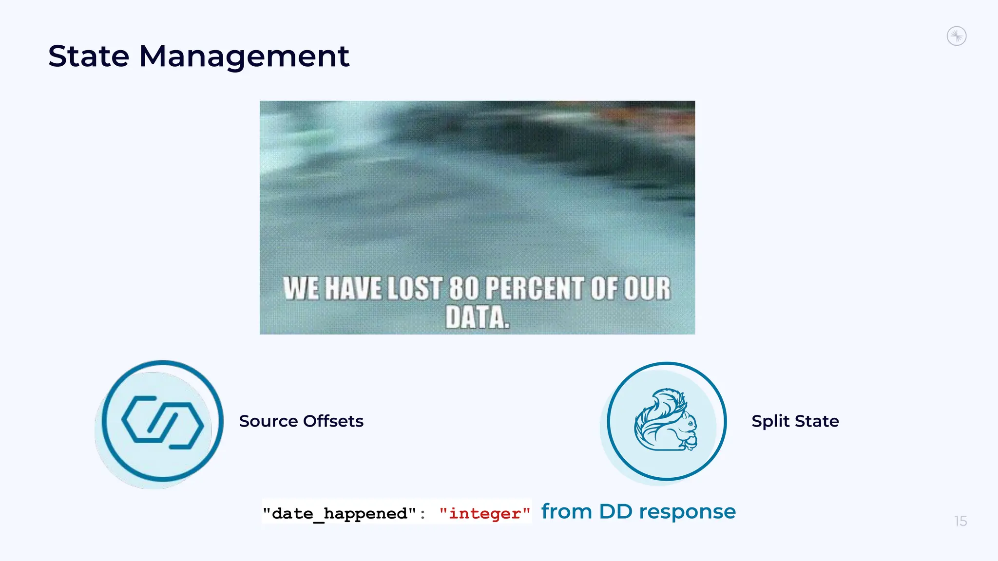 State Management "date_happened": "integer" from DD response 15 Source Offsets Split State 