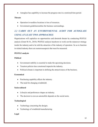 Autoglass has capability to increase the progress rate in a restricted time period.
Threats
Operation in needless locations is loss of resources.
Government guidelinesoutline the business surroundings.

2.2 CARRY OUT AN ENVIRONMENTAL AUDIT FOR AUTOGLASS
USING AT LEAST TWO APPROACHES
Organizations will capitalize on opportunities and diminish threats by conducting PESTLE
analysis (Grant M. R., 2010). PESTLE analysis hasshown to work out the maneuver strategy
inside the industry and to be told the attraction of the industry of operation. So as to function
in related industry there are numerousaspects that must be measured.
PESTLE analysis
Political
Government stability is essential to make the upcoming decisions.
Taxation policies have emotional impactin the industry.
Political climate is important in defining the attractiveness of the business.
Economical
Purchasing capability affects the industry.
The need for changing windshield.
Socio-cultural
Lifestyle and preferences shapes an industry.
The decision to own an automobile depends on the social norm.
Technological
Technology concerning the designs.
Technology of windshield manufacturing.
Legal
12

 