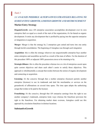 Task 3
3.1 ANALYZE POSSIBLE ALTERNATIVES STRATEGIES RELATING TO
SUBSTANTIVE GROWTH, LIMITED GROWTH AND RETRENCHMENT
Market Entry Strategy
OrganicGrowth: once AN enterprise association accomplishes development over its own
enterprise that's as equal as a result of the start of the organization, it's far-famed as organic
development. It omits any development that is profited by pacing into the opposite enterprise
or integration or acquisition.
Merger: Merger is that the strategy by 2 enterprises gets united and turns into one entity
through lawful consolidation. The beginning of Autoglass was through such integration
Acquisition: this is often the strategy wherever one unquestionable enterprise buys another
entire enterprise and assemblies up itself as a result of the man of affairs. For the duration of
this procedure 100% or adjacent 100% possession craves to be returning to by.
StrategicAlliance: this is often the procedure whereas two or a lot of enterprises assent upon
quite current objectives and share each other’s assets to satisfy those objectives. This
approach is wholeheartedly a concept that resides between the notion of organic development
and connecting or acquisition.
Licensing: it's the conceive through that a mother enterprise (licensor) permits another
enterprise (licensee) to use its trademark and deal the merchandise or services on the
groundwork of affirmations on several time spans. The time span adopts the authorizing
assign that wishes to be paid to the licensor.
Franchising: it's the conceive, through that AN enterprise earnings from the right to use
another company’s trademark, enterprise kind, ways whereas the franchisor provision the
right to the franchisee. For obtaining market share overseas, Autoglass could use this
approach by circulation franchises in distinct locations.

SubstantiveGrowth

15

 