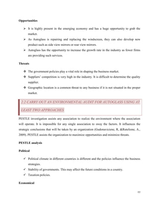 Opportunities
 It is highly present in the emerging economy and has a huge opportunity to grab the
market.
 As Autoglass is repairing and replacing the windscreen, they can also develop new
product such as side view mirrors or rear view mirrors.
 Autoglass has the opportunity to increase the growth rate in the industry as fewer firms
are providing such services.
Threats
 The government policies play a vital role in shaping the business market.
 Suppliers’ competition is very high in the industry. It is difficult to determine the quality
supplier.
 Geographic location is a common threat to any business if it is not situated in the proper
market.

2.2 CARRY OUT AN ENVIRONMENTAL AUDIT FOR AUTOGLASS USING AT
LEAST TWO APPROACHES
PESTLE investigation assists any association to realize the environment where the association
will operate. It is impossible for any single association to sway the factors. It influences the
strategic conclusions that will be taken by an organization (Gudonaviciene, R, &Rutelione, A.,
2009). PESTLE assists the organization to maximize opportunities and minimize threats.
PESTLE analysis
Political
 Political climate in different countries is different and the policies influence the business
strategies.
 Stability of governments. This may affect the future conditions in a country.
 Taxation policies.
Economical
11

 