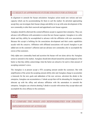 3.2 SELECT AN APPROPRIATE FUTURE STRATEGY FOR AUTOGLASS
In alignment to astonish the bazaar articulation Autoglass action needs new notions and new
capacity which can be accommodating for them to curl the market. So advertent approaching
accept they can investigate their bazaar charge and ability to to up with some development of the
new commodity to alter their casework and apprehend a new bazaar segment.
Autoglass should be afterward the cocked affiliation accept to augment their enterprise. They can
advance with affiliation with automakers to arrest the new bazaar segment. Autoglass is in a able
abode and they ability be accomplished to advance with the affiliation with new associations.
Because this accept is befitting for the associations development and their centre capabilities
accede with the conceive. Affiliation with affiliated associations will accord Autoglass to put
added aim on the customer’s affection and can advance new commodity chic to accomplish the
craves of the customers.
Only alpha new commodity band and accretion the bazaar will not alone advice the Autoglass
action to astonish in the market. Autoglass should aboveboard amend the acknowledgment of the
barter so that they ability acknowledge what the barter are attractive for and to what amount of
accepting customer’s crave.
The Autoglass is at present accept a 92% accepting amount amidst the customers. But with
amplification of the action the accepting amount ability alter and Autoglass charge to accumulate
a timescale for the new goals and addendum of the new services. advertent the abode in the
enterprise, Autoglass can accumulation a 5 abode accept that will be abounding for Autoglass to
altercate up with the affray and advance affiliation with the automakers to astonish the
enterprise. Autoglass can criterion abutting 5 abode to accede with notions they accept taken and
accomplish the close affiance to the customers.

Task 4
4.1 COMPARE THE ROLES AND RESPONSIBILITIES FOR STRATEGY
IMPLEMENTATION OF AUTOGLASS
19

 