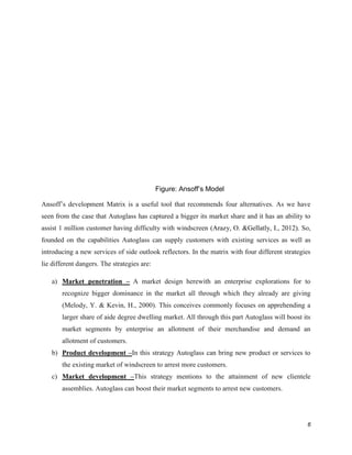 Figure: Ansoff’s Model
Ansoff’s development Matrix is a useful tool that recommends four alternatives. As we have
seen from the case that Autoglass has captured a bigger its market share and it has an ability to
assist 1 million customer having difficulty with windscreen (Arazy, O. &Gellatly, I., 2012). So,
founded on the capabilities Autoglass can supply customers with existing services as well as
introducing a new services of side outlook reflectors. In the matrix with four different strategies
lie different dangers. The strategies are:
a) Market penetration – A market design herewith an enterprise explorations for to
recognize bigger dominance in the market all through which they already are giving
(Melody, Y. & Kevin, H., 2000). This conceives commonly focuses on apprehending a
larger share of aide degree dwelling market. All through this part Autoglass will boost its
market segments by enterprise an allotment of their merchandise and demand an
allotment of customers.
b) Product development –In this strategy Autoglass can bring new product or services to
the existing market of windscreen to arrest more customers.
c) Market development –This strategy mentions to the attainment of new clientele
assemblies. Autoglass can boost their market segments to arrest new customers.

6

 