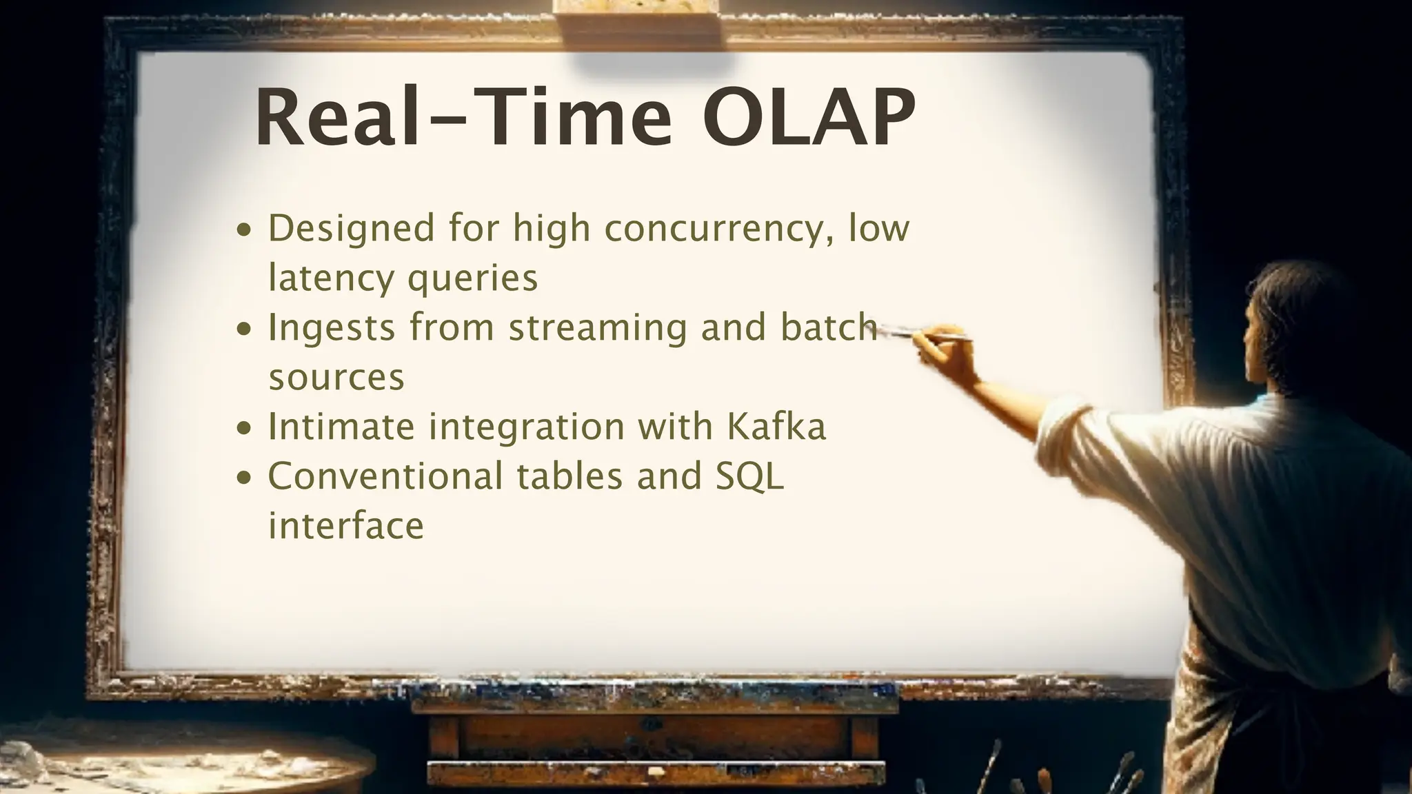 Real-Time OLAP
• Designed for high concurrency, low
latency queries
• Ingests from streaming and batch
sources
• Intimate integration with Kafka
• Conventional tables and SQL
interface
 