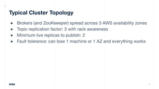 Typical Cluster Topology
● Brokers (and ZooKeeeper) spread across 3 AWS availability zones
● Topic replication factor: 3 w...