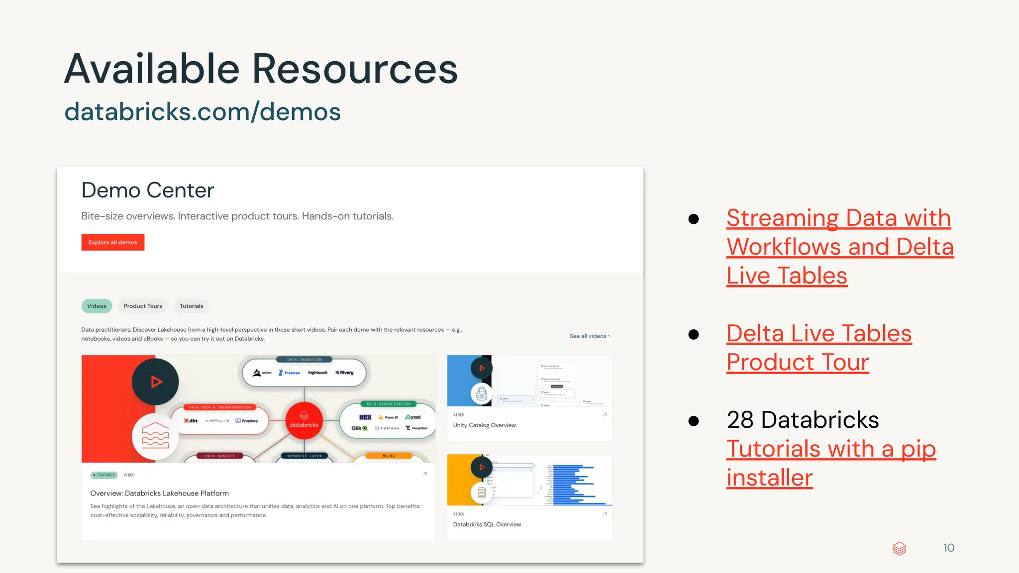 ©2024 Databricks Inc. — All rights reserved 10 Available Resources databricks.com/demos ● Streaming Data with Workﬂows and Delta Live Tables ● Delta Live Tables Product Tour ● 28 Databricks Tutorials with a pip installer 
