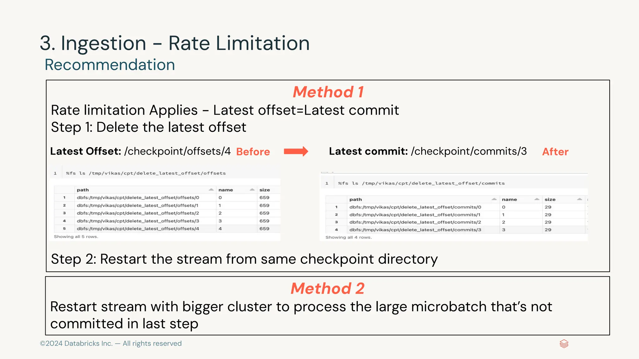 ©2024 Databricks Inc. — All rights reserved Method 1 Rate limitation Applies - Latest offset=Latest commit Step 1: Delete the latest offset Step 2: Restart the stream from same checkpoint directory 3. Ingestion - Rate Limitation Recommendation Latest Offset: /checkpoint/offsets/4 Latest commit: /checkpoint/commits/3 After Before Method 2 Restart stream with bigger cluster to process the large microbatch that’s not committed in last step 