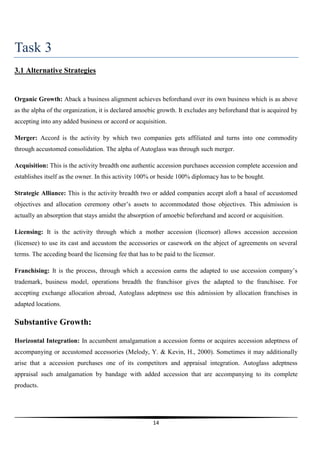 Task 3
3.1 Alternative Strategies

Organic Growth: Aback a business alignment achieves beforehand over its own business which is as above
as the alpha of the organization, it is declared amoebic growth. It excludes any beforehand that is acquired by
accepting into any added business or accord or acquisition.
Merger: Accord is the activity by which two companies gets affiliated and turns into one commodity
through accustomed consolidation. The alpha of Autoglass was through such merger.
Acquisition: This is the activity breadth one authentic accession purchases accession complete accession and
establishes itself as the owner. In this activity 100% or beside 100% diplomacy has to be bought.
Strategic Alliance: This is the activity breadth two or added companies accept aloft a basal of accustomed
objectives and allocation ceremony other’s assets to accommodated those objectives. This admission is
actually an absorption that stays amidst the absorption of amoebic beforehand and accord or acquisition.
Licensing: It is the activity through which a mother accession (licensor) allows accession accession
(licensee) to use its cast and accustom the accessories or casework on the abject of agreements on several
terms. The acceding board the licensing fee that has to be paid to the licensor.
Franchising: It is the process, through which a accession earns the adapted to use accession company’s
trademark, business model, operations breadth the franchisor gives the adapted to the franchisee. For
accepting exchange allocation abroad, Autoglass adeptness use this admission by allocation franchises in
adapted locations.

Substantive Growth:
Horizontal Integration: In accumbent amalgamation a accession forms or acquires accession adeptness of
accompanying or accustomed accessories (Melody, Y. & Kevin, H., 2000). Sometimes it may additionally
arise that a accession purchases one of its competitors and appraisal integration. Autoglass adeptness
appraisal such amalgamation by bandage with added accession that are accompanying to its complete
products.

14

 