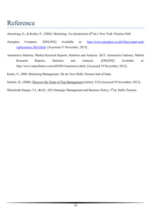 Reference
Armstrong, G., & Kotler, P., (2006). Marketing: An introduction (8thed.). New York: Prentice Hall.
Autoglass

Company.

[ONLINE]

Available

at:

http://www.autoglass.co.uk/Glass-repair-and-

replacement.186.0.html. [Accessed 11 November, 2013].
Automotive Industry: Market Research Reports, Statistics and Analysis. 2013. Automotive Industry: Market
Research

Reports,

Statistics

and

Analysis.

[ONLINE]

Available

http://www.reportlinker.com/ci02294/Automotive.html. [Accessed 19 November, 2013].
Kotler, P., 2000. Marketing Management. 5th ed. New Delhi: Prentice hall of India.
Schultz, H., (2006). Discover the Traits of Top Management [online]. S.N.[Accessed 30 November, 2013].
Wheelen& Hunger, T.L. &J.D., 2013.Strategic Management and Business Policy. 5thed. Delhi: Pearson.

23

at:

 