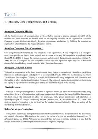 Task 1
1.1 Missions, Core Competencies, and Visions:

Autoglass Company Mission:
All the future missions of an organization are fixed before starting to execute strategies to fulfill all the
missions and those missions are formed based on the ongoing situations of the organization. Autoclass
Company prepare all those activities by focusing on customer satisfaction. By fulfilling the missions, an
organization takes shape and the objective becomes clearer.

Autoglass Company Core Competency:
Core competencies characterize the core operations of an organization. A core competency is a concept of
theory that specifies the factors that a business sees as central to the way the company or its employees work
(Grant M. R., 2010). It shapes the business missions and visions of that particular organization (Kotler, P.,
2000). In case of Autoglass the core competency is that they can replace or repair any kind of broken or
damaged windshield of any model, no matter what (Autoglass Company).

Autoglass Company Vision:
Vision of an organization is the future intentions and target that an organizations try to achieve by defining
the missions and setting goals and objectives to accomplish (Kotler, P., 2000). It’s like foreseeing the future.
The vision of The Autoglass Company is to serve the customers efficiently and provide their customers with
the highest level of satisfaction (Autoglass Company). The vision of serving their customers with integrity
and loyalty is expected to lead them to grow and set the boundaries higher in the industry.

Strategic Intent:
The notion of strategic intent proposes that there is a general outlook on where the business should be going
rather than a decisive affirmation of an anticipated outcome and this means that there should be abounding of
flexibility inside the statement to allow for employees start, group contribution and adaptation in
lightweightweight of changed attenuating factors (Ivanauskiene, N, &Auruskeviciene, V., 2009). The
strategic intent of Autoglass is to see itself as the market foremost habitually. They are doing all the
undertakings to remain foremost.

Role of strategy of Autoglass:
The major task in strategic management is commonly the compilation and dissemination of the illusion and
the method affirmation. This outlines, in essence, the raison d'etre of an association (Ivanauskiene, N,
&Auruskeviciene, V., 2009). Autoglass has amassed their purposes in scheme making in a way that the
designs maintain an exact time span in the execution (Autoglass Company).

3

 