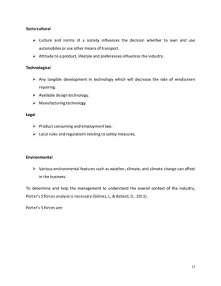 Socio-cultural
 Culture and norms of a society influences the decision whether to own and use
automobiles or use other means of transport.
 Attitude to a product, lifestyle and preferences influences the industry.
Technological
 Any tangible development in technology which will decrease the rate of windscreen
repairing.
 Available design technology.
 Manufacturing technology.
Legal
 Product consuming and employment law.
 Local rules and regulations relating to safety measures.

Environmental
 Various environmental features such as weather, climate, and climate change can affect
in the business.
To determine and help the management to understand the overall context of the industry,
Porter’s 5 forces analysis is necessary (Gómez, L, & Ballard, D., 2013).
Porter’s 5 forces are:

13

 