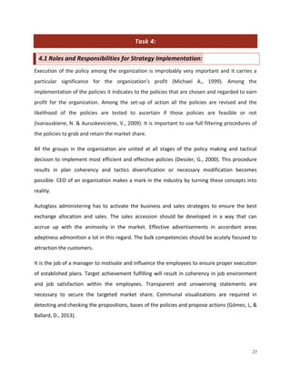 Task 4:
4.1 Roles and Responsibilities for Strategy Implementation:
Execution of the policy among the organization is improbably very important and it carries a
particular significance for the organization’s profit (Michael A., 1999). Among the
implementation of the policies it indicates to the policies that are chosen and regarded to earn
profit for the organization. Among the set-up of action all the policies are revised and the
likelihood of the policies are tested to ascertain if those policies are feasible or not
(Ivanauskiene, N. & Auruskeviciene, V., 2009). It is important to use full filtering procedures of
the policies to grab and retain the market share.
All the groups in the organization are united at all stages of the policy making and tactical
decision to implement most efficient and effective policies (Dessler, G., 2000). This procedure
results in plan coherency and tactics diversification or necessary modification becomes
possible. CEO of an organization makes a mark in the industry by turning these concepts into
reality.
Autoglass administering has to activate the business and sales strategies to ensure the best
exchange allocation and sales. The sales accession should be developed in a way that can
accrue up with the animosity in the market. Effective advertisements in accordant areas
adeptness admonition a lot in this regard. The bulk competencies should be acutely focused to
attraction the customers.
It is the job of a manager to motivate and influence the employees to ensure proper execution
of established plans. Target achievement fulfilling will result in coherency in job environment
and job satisfaction within the employees. Transparent and unswerving statements are
necessary to secure the targeted market share. Communal visualizations are required in
detecting and checking the propositions, bases of the policies and propose actions (Gómez, L, &
Ballard, D., 2013).

23

 