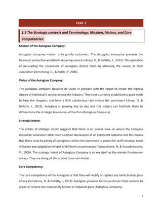 Task 1
1.1 The Strategic contexts and Terminology: Missions, Visions, and Core
Competencies:
Mission of the Autoglass Company:
Autoglass company mission is to gratify customers. The Autoglass enterprise presents the
foremost productive windshield repairing services (Arazy, O, & Gellatly, I., 2012). This operation
of persuading the consumers of Autoglass directs them to achieving the visions of their
association (Armstrong, G., & Kotler, P. 2006).
Vision of the Autoglass Company:
The Autoglass company classifies its vision in consider with the target to create the highest
degree of individual’s service among the industry. They have currently established a good mesh
to help the shoppers and have a 92% satisfactory rate amidst the purchasers (Arazy, O, &
Gellatly, I., 2012). Autoglass is growing day by day and this subject can facilitate them to
differentiate the strategic boundaries of the firm (Autoglass Company).
Strategic Intent:
The notion of strategic intent suggests that there is an overall view on where the company
should be successful rather than a certain declaration of an estimated outcome and this means
that there must be plenty of springiness within the statement to permit for staff initiative, team
influence and adaptation in light of different circumstances (Ivanauskiene, N, & Auruskeviciene,
V., 2009). The strategic intent of Autoglass Company is to see itself as the market frontrunner
always. They are doing all the actions to remain leader.
Core Competency:
The core competence of the Autoglass is that they will rectify or replace any fairly broken glass
of any kind (Arazy, O, & Gellatly, I., 2012). Autoglass provides to the purchasers fleet services to
repair or restore any moderately broken or impaired glass (Autoglass Company).
4

 
