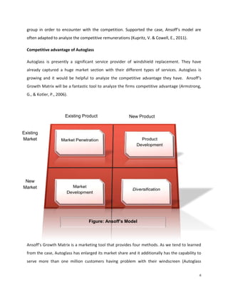 group in order to encounter with the competition. Supported the case, Ansoff’s model are
often adapted to analyze the competitive remunerations (Kupritz, V. & Cowell, E., 2011).
Competitive advantage of Autoglass
Autoglass is presently a significant service provider of windshield replacement. They have
already captured a huge market section with their different types of services. Autoglass is
growing and it would be helpful to analyze the competitive advantage they have. Ansoff’s
Growth Matrix will be a fantastic tool to analyze the firms competitive advantage (Armstrong,
G., & Kotler, P., 2006).

Existing Product

New Product

Existing
Market

New
Market

Figure: Ansoff’s Model

Ansoff’s Growth Matrix is a marketing tool that provides four methods. As we tend to learned
from the case, Autoglass has enlarged its market share and it additionally has the capability to
serve more than one million customers having problem with their windscreen (Autoglass
6

 