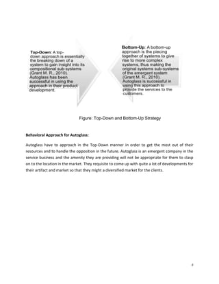 Figure: Top-Down and Bottom-Up Strategy

Behavioral Approach for Autoglass:
Autoglass have to approach in the Top-Down manner in order to get the most out of their
resources and to handle the opposition in the future. Autoglass is an emergent company in the
service business and the amenity they are providing will not be appropriate for them to clasp
on to the location in the market. They requisite to come up with quite a lot of developments for
their artifact and market so that they might a diversified market for the clients.

8

 
