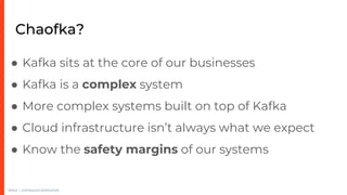 ● Kafka sits at the core of our businesses
● Kafka is a complex system
● More complex systems built on top of Kafka
● Cloud infrastructure isn’t always what we expect
● Know the safety margins of our systems
VERICA | CONTINUOUS VERIFICATION
Chaofka?
 