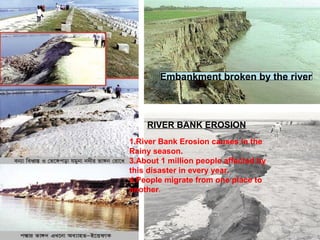 RIVER BANK EROSION
Embankment broken by the river
1.River Bank Erosion causes in the
Rainy season.
3.About 1 million people affected by
this disaster in every year.
4.People migrate from one place to
another.
 