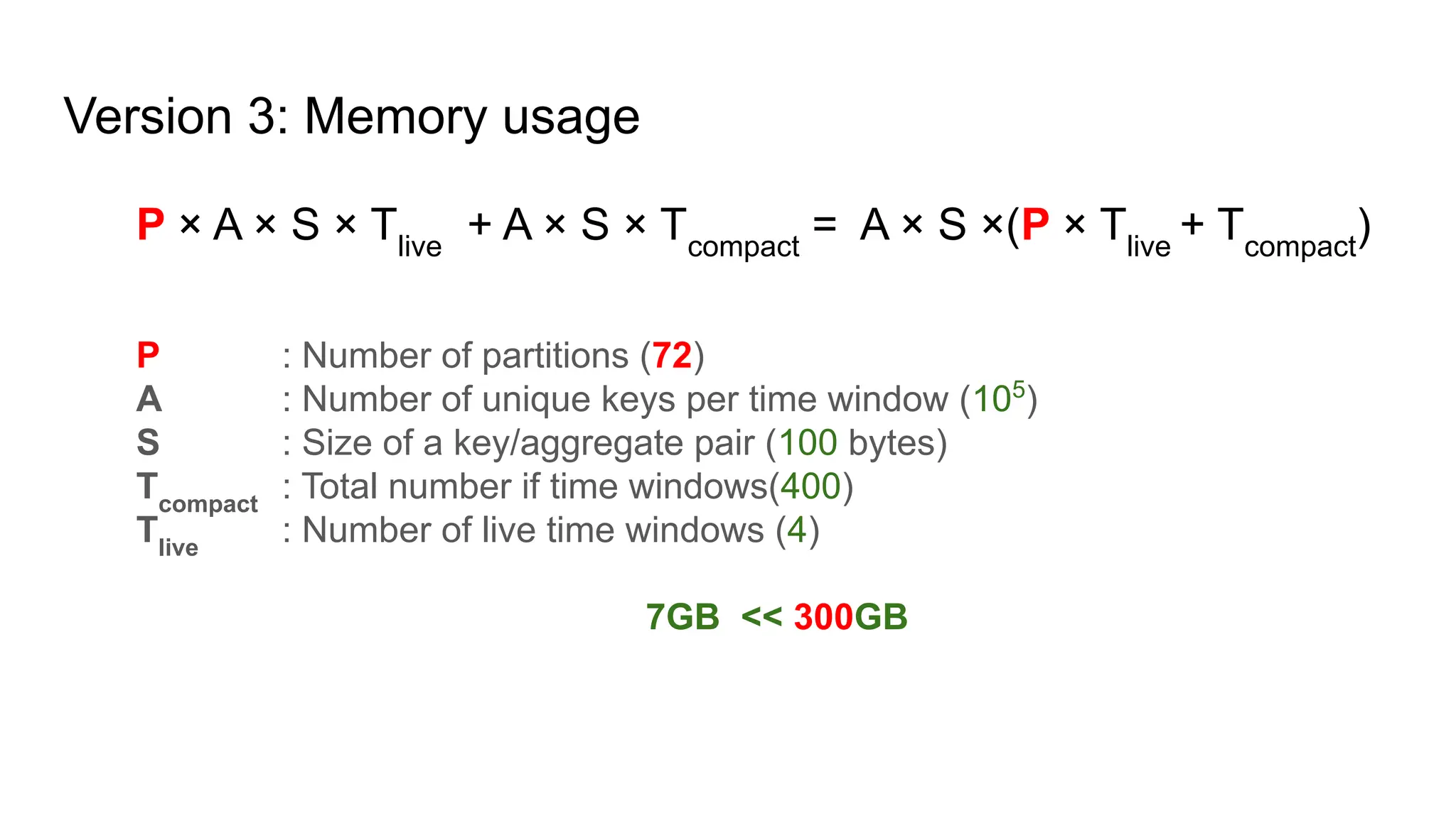 Version 3: Memory usage P × A × S × Tlive + A × S × Tcompact = A × S ×(P × Tlive + Tcompact ) P : Number of partitions (72) A : Number of unique keys per time window (105 ) S : Size of a key/aggregate pair (100 bytes) Tcompact : Total number if time windows(400) Tlive : Number of live time windows (4) 7GB << 300GB 