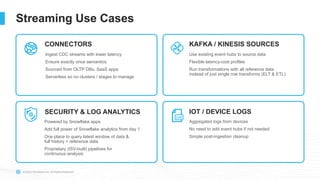 © 2023 Snowflake Inc. All Rights Reserved
Streaming Use Cases
Use existing event hubs to source data
Flexible latency-cost profiles
Run transformations with all reference data
instead of just single row transforms (ELT & ETL)
Powered by Snowflake apps
Add full power of Snowflake analytics from day 1
One place to query latest window of data &
full history + reference data
Proprietary (ISV-built) pipelines for
continuous analysis
CONNECTORS KAFKA / KINESIS SOURCES
SECURITY & LOG ANALYTICS
Aggregated logs from devices
No need to add event hubs if not needed
Simple post-ingestion cleanup
IOT / DEVICE LOGS
Ingest CDC streams with lower latency
Ensure exactly once semantics
Sourced from OLTP DBs, SaaS apps
Serverless so no clusters / stages to manage
 