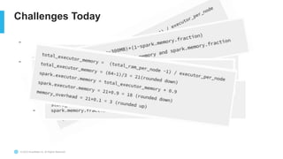 © 2023 Snowflake Inc. All Rights Reserved
Challenges Today
- Troubleshooting a failed spark job
- Multi-page stack trace
- Setting up Infrastructure and Configs
- Executor memory
- Driver memory
- # of executors
- Z-ordering, V-ordering, ABC-ordering
- Partitioning, Bucketing, Salting
 