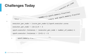 © 2023 Snowflake Inc. All Rights Reserved
Challenges Today
- Troubleshooting a failed spark job
- Multi-page stack trace
- Setting up Infrastructure and Configs
- Executor memory
- Driver memory
- # of executors
- Z-ordering, V-ordering, ABC-ordering
- Partitioning, Bucketing, Salting
 