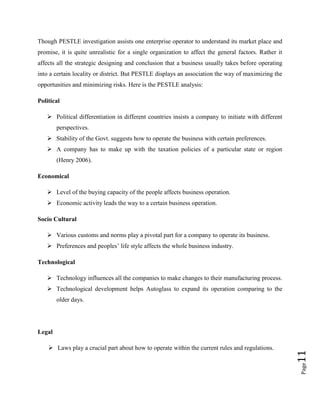 Though PESTLE investigation assists one enterprise operator to understand its market place and
promise, it is quite unrealistic for a single organization to affect the general factors. Rather it
affects all the strategic designing and conclusion that a business usually takes before operating
into a certain locality or district. But PESTLE displays an association the way of maximizing the
opportunities and minimizing risks. Here is the PESTLE analysis:
Political
 Political differentiation in different countries insists a company to initiate with different
perspectives.
 Stability of the Govt. suggests how to operate the business with certain preferences.
 A company has to make up with the taxation policies of a particular state or region
(Henry 2006).
Economical
 Level of the buying capacity of the people affects business operation.
 Economic activity leads the way to a certain business operation.
Socio Cultural
 Various customs and norms play a pivotal part for a company to operate its business.
 Preferences and peoples’ life style affects the whole business industry.
Technological
 Technology influences all the companies to make changes to their manufacturing process.
 Technological development helps Autoglass to expand its operation comparing to the
older days.

Page

 Laws play a crucial part about how to operate within the current rules and regulations.

11

Legal

 