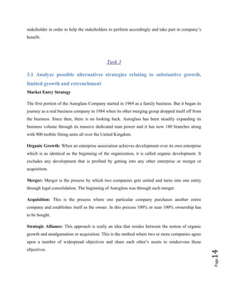 stakeholder in order to help the stakeholders to perform accordingly and take part in company’s
benefit.

Task 3
3.1 Analyze possible alternatives strategies relating to substantive growth,
limited growth and retrenchment
Market Entry Strategy
The first portion of the Autoglass Company started in 1969 as a family business. But it began its
journey as a real business company in 1984 when its other merging group dropped itself off from
the business. Since then, there is no looking back. Autoglass has been steadily expanding its
business volume through its massive dedicated man power and it has now 180 branches along
with 900 mobile fitting units all over the United Kingdom.
Organic Growth: When an enterprise association achieves development over its own enterprise
which is as identical as the beginning of the organization, it is called organic development. It
excludes any development that is profited by getting into any other enterprise or merger or
acquisition.
Merger: Merger is the process by which two companies gets united and turns into one entity
through legal consolidation. The beginning of Autoglass was through such merger.
Acquisition: This is the process where one particular company purchases another entire
company and establishes itself as the owner. In this process 100% or near 100% ownership has
to be bought.
Strategic Alliance: This approach is really an idea that resides between the notion of organic
growth and amalgamation or acquisition. This is the method where two or more companies agree

Page

objectives.

14

upon a number of widespread objectives and share each other’s assets to rendezvous those

 