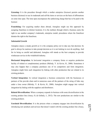 Licensing: It is the procedure through which a mother enterprise (licensor) permits another
business (licensee) to use its trademark and sell the items or services on the basis of affirmations
on some time span. The time span encompasses the authorizing charge that has to be paid to the
licensor.
Franchising: For acquiring market share abroad, Autoglass might use this approach by
assigning franchises in distinct locations. It is the method, through which a business earns the
right to use another company’s trademark, enterprise model, procedures where the franchisor
donates the right to the franchisee.
Substantial Growth
Autoglass enjoys a steady growth as it is the company policy not to take any fast decision. Its
goal is always be cautious to take prompt decision as it is not looking to over do anything. And
for its being so careful and dedicated, Autoglass still stands as the best company to provide
windscreen service in the windshield industry.
Horizontal Integration: In horizontal integration a company forms or acquires production
facility of related or complementary products (Melody, Y. & Kevin, H., 2000). Sometimes it
may also happen that a company purchases one of its competitors and form integration.
Autoglass might form such integration by linking with other production that are related to its
existing products.
Vertical Integration: In vertical integration a business connections with the businesses or
partners of the provide chain and in numerous cases all the partners of the string of links stay
under a lone owner (Melody, Y. & Kevin, H., 2000). Autoglass might engage into vertical
integration by linking with the suppliers and distributors.
Related Diversification: When a company expands its business with some diversification in the
existing product line (Arazy, O, & Gellatly, I., 2012). The new productions are similar to the

introducing new products and services that doesn’t match with the existing product line (Arazy,

Page

Unrelated Diversification: It is the process when a company engages into diversification by

15

existing products.

 
