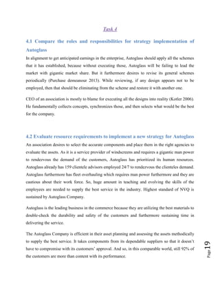 Task 4
4.1 Compare the roles and responsibilities for strategy implementation of
Autoglass
In alignment to get anticipated earnings in the enterprise, Autoglass should apply all the schemes
that it has established, because without executing those, Autoglass will be failing to lead the
market with gigantic market share. But it furthermore desires to revise its general schemes
periodically (Purchase demeanour 2013). While reviewing, if any design appears not to be
employed, then that should be eliminating from the scheme and restore it with another one.
CEO of an association is mostly to blame for executing all the designs into reality (Kotler 2006).
He fundamentally collects concepts, synchronizes those, and then selects what would be the best
for the company.

4.2 Evaluate resource requirements to implement a new strategy for Autoglass
An association desires to select the accurate components and place them in the right agencies to
evaluate the assets. As it is a service provider of windscreens and requires a gigantic man power
to rendezvous the demand of the customers, Autoglass has prioritized its human resources.
Autoglass already has 159 clientele advisors employed 24/7 to rendezvous the clienteles demand.
Autoglass furthermore has fleet overhauling which requires man power furthermore and they are
cautious about their work force. So, huge amount in teaching and evolving the skills of the
employees are needed to supply the best service in the industry. Highest standard of NVQ is
sustained by Autoglass Company.
Autoglass is the leading business in the commerce because they are utilizing the best materials to
double-check the durability and safety of the customers and furthermore sustaining time in
delivering the service.

have to compromise with its customers’ approval. And so, in this comparable world, still 92% of
the customers are more than content with its performance.

Page

to supply the best service. It takes components from its dependable suppliers so that it doesn’t

19

The Autoglass Company is efficient in their asset planning and assessing the assets methodically

 