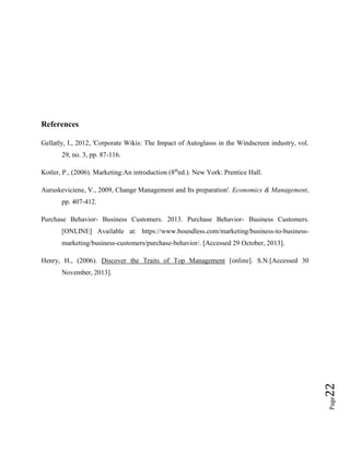 References
Gellatly, I., 2012, 'Corporate Wikis: The Impact of Autoglasss in the Windscreen industry, vol.
29, no. 3, pp. 87-116.
Kotler, P., (2006). Marketing:An introduction (8thed.). New York: Prentice Hall.
Auruskeviciene, V., 2009, Change Management and Its preparation', Economics & Management,
pp. 407-412.
Purchase Behavior- Business Customers. 2013. Purchase Behavior- Business Customers.
[ONLINE] Available at: https://www.boundless.com/marketing/business-to-businessmarketing/business-customers/purchase-behavior/. [Accessed 29 October, 2013].
Henry, H., (2006). Discover the Traits of Top Management [online]. S.N.[Accessed 30

Page

22

November, 2013].

 
