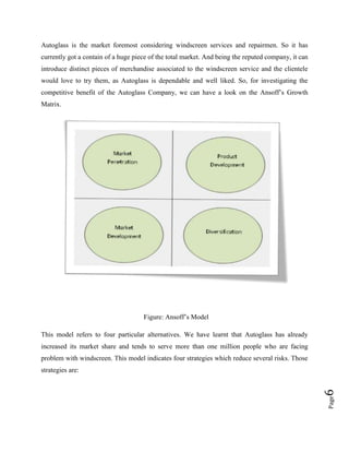 Autoglass is the market foremost considering windscreen services and repairmen. So it has
currently got a contain of a huge piece of the total market. And being the reputed company, it can
introduce distinct pieces of merchandise associated to the windscreen service and the clientele
would love to try them, as Autoglass is dependable and well liked. So, for investigating the
competitive benefit of the Autoglass Company, we can have a look on the Ansoff’s Growth
Matrix.

Figure: Ansoff’s Model
This model refers to four particular alternatives. We have learnt that Autoglass has already
increased its market share and tends to serve more than one million people who are facing
problem with windscreen. This model indicates four strategies which reduce several risks. Those

Page

6

strategies are:

 