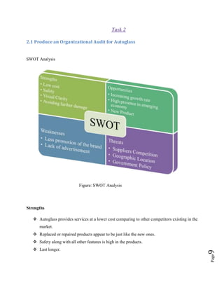 Task 2
2.1 Produce an Organizational Audit for Autoglass

SWOT Analysis

Figure: SWOT Analysis

Strengths
 Autoglass provides services at a lower cost comparing to other competitors existing in the
market.
 Replaced or repaired products appear to be just like the new ones.

Page

 Last longer.

9

 Safety along with all other features is high in the products.

 
