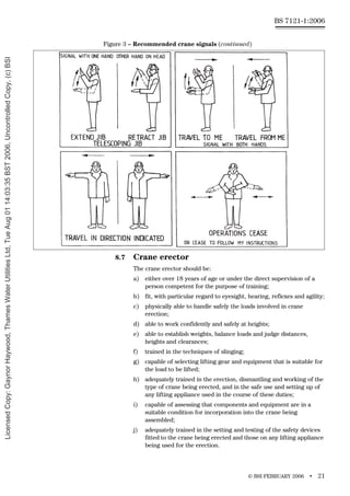 © BSI FEBRUARY 2006 • 21
BS 7121-1:2006
Figure 3 – Recommended crane signals (continued)
8.7 Crane erector
The crane erector should be:
a) either over 18 years of age or under the direct supervision of a
person competent for the purpose of training;
b) fit, with particular regard to eyesight, hearing, reflexes and agility;
c) physically able to handle safely the loads involved in crane
erection;
d) able to work confidently and safely at heights;
e) able to establish weights, balance loads and judge distances,
heights and clearances;
f) trained in the techniques of slinging;
g) capable of selecting lifting gear and equipment that is suitable for
the load to be lifted;
h) adequately trained in the erection, dismantling and working of the
type of crane being erected, and in the safe use and setting up of
any lifting appliance used in the course of these duties;
i) capable of assessing that components and equipment are in a
suitable condition for incorporation into the crane being
assembled;
j) adequately trained in the setting and testing of the safety devices
fitted to the crane being erected and those on any lifting appliance
being used for the erection.
Licensed
Copy:
Gaynor
Haywood,
Thames
Water
Utilities
Ltd,
Tue
Aug
01
14:03:35
BST
2006,
Uncontrolled
Copy,
(c)
BSI
 
