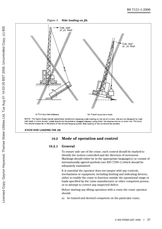 © BSI FEBRUARY 2006 • 37
BS 7121-1:2006
Figure 4 Side loading on jib
16.2 Mode of operation and control
16.2.1 General
To ensure safe use of the crane, each control should be marked to
identify the motion controlled and the direction of movement.
Markings should either be in the appropriate language(s) or consist of
internationally agreed symbols (see ISO 7296-1) which should be
adequately maintained.
It is essential the operator does not tamper with any controls,
mechanisms or equipment, including limiting and indicating devices,
either to enable the crane to function outside the operational range or
loads specified by the crane manufacturer or other competent person,
or to attempt to correct any suspected defect.
Before starting any lifting operation with a crane the crane operator
should:
a) be trained and deemed competent on the particular crane;
Licensed
Copy:
Gaynor
Haywood,
Thames
Water
Utilities
Ltd,
Tue
Aug
01
14:03:35
BST
2006,
Uncontrolled
Copy,
(c)
BSI
 