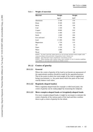© BSI FEBRUARY 2006 • 43
BS 7121-1:2006
Table 1 Weight of materials
19.1.2 Centre of gravity
19.1.2.1 General
Where the centre of gravity of the load is not known an assessment of
the approximate position should be made by the appointed person.
This is the point at which the total weight of the load is regarded as
being concentrated, i.e. the point about which the parts of the load
exactly balance each other.
19.1.2.2 Regularly shaped load(s)
With a regularly shaped load (for example a rolled steel joist), the
centre of gravity can be easily judged by measuring the midpoint.
19.1.2.3 More complex-shaped loads or irregularly-shaped loads
For more complex-shaped loads, it might be necessary to estimate the
centre of gravity of the various parts of the load and then combine
them to get a centre of gravity for the whole.
Material Weight Weight
kg/m3 lb/ft3
Aluminium 2 700 170
Brass 8 500 530
Brick 2 100 130
Coal 1 450 90
Copper 8 800 550
Concrete 2 400 150
Earth 1 600 100
Iron and steel 7 700 480
Lead 11 200 700
Magnesium 1 750 110
Oil 800 50
Paper 1 120 70
Water 1 000 62
Wood 800 50
NOTE 1 In some cases the values given are an average and the actual weight could
vary according to the particular composition/water content, etc.
NOTE 2 All values have been rounded for convenience of use.
NOTE 3 When dealing with a hollow body, check whether or not it contains anything
and whether or not any such contents are liable to move.
Licensed
Copy:
Gaynor
Haywood,
Thames
Water
Utilities
Ltd,
Tue
Aug
01
14:03:35
BST
2006,
Uncontrolled
Copy,
(c)
BSI
 