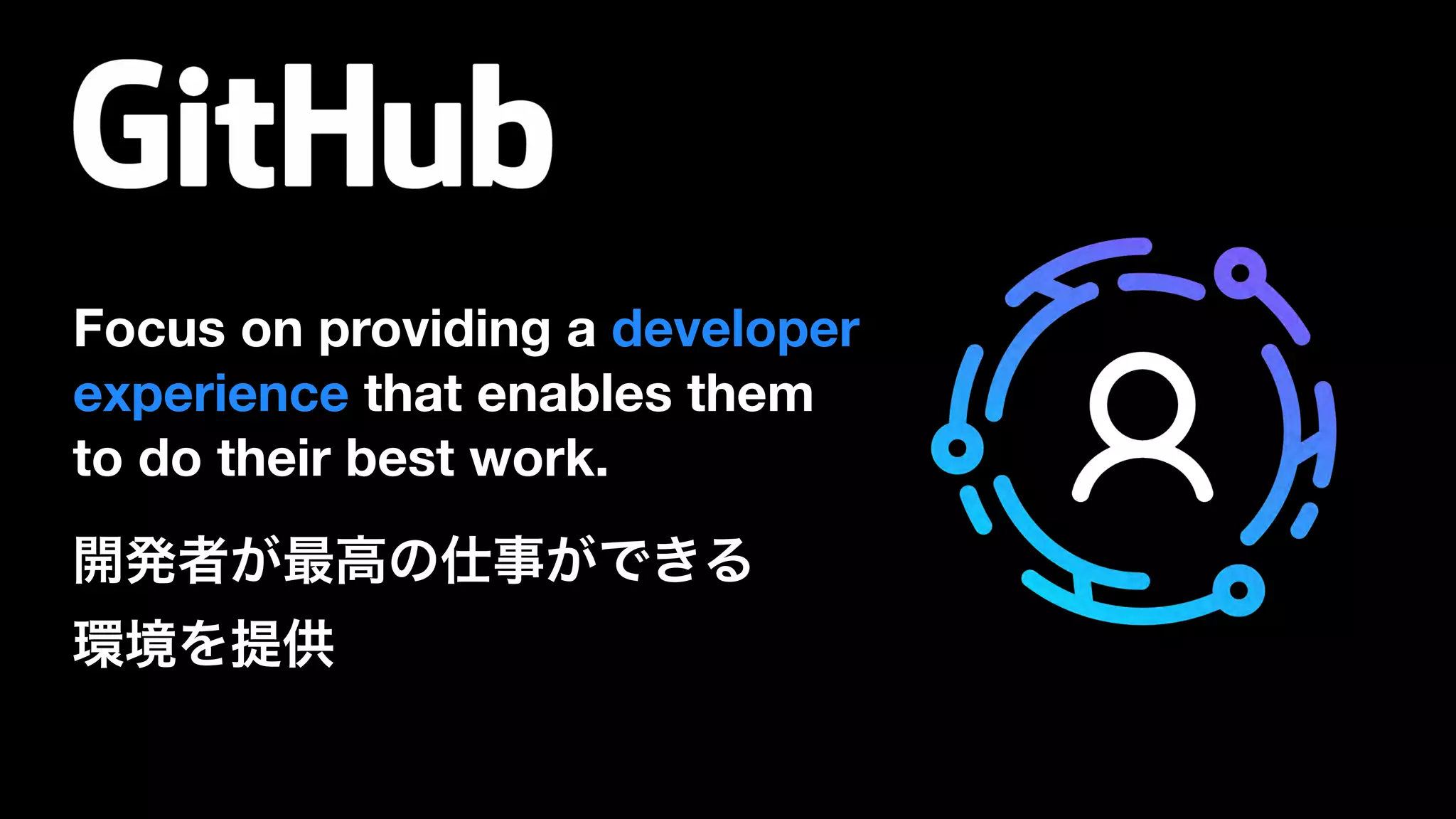 Focus on providing a developer
experience that enables them
to do their best work.
開発者が最高の仕事ができる 
環境を提供
 