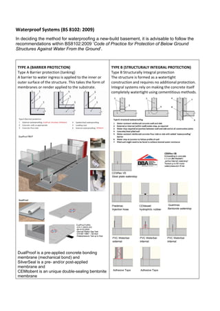 Waterproof Systems (BS 8102: 2009) 
In deciding the method for waterproofing a new-build basement, it is advisable to follow the
recommendations within BS8102:2009 ‘Code of Practice for Protection of Below Ground
Structures Against Water From the Ground’. 
 
 
TYPE A (BARRIER PROTECTION)  
Type A Barrier protection (tanking)  
A barrier to water ingress is applied to the inner or 
outer surface of the structure. This takes the form of 
membranes or render applied to the substrate. 
 
 
 
 
DualProof is a pre-applied concrete bonding
membrane (mechanical bond) and
SilverSeal is a pre- and/or post-applied
membrane and
CEMtobent is an unique double-sealing bentonite
membrane
 
TYPE B (STRUCTURALY INTEGRAL PROTECTION)  
Type B Structurally Integral protection 
The structure is formed as a watertight 
construction and requires no additional protection. 
Integral systems rely on making the concrete itself 
completely watertight using cementitious methods.
 
 
 