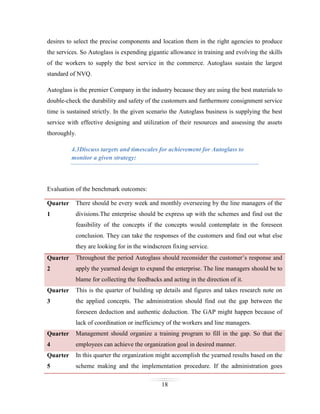 desires to select the precise components and location them in the right agencies to produce
the services. So Autoglass is expending gigantic allowance in training and evolving the skills
of the workers to supply the best service in the commerce. Autoglass sustain the largest
standard of NVQ.
Autoglass is the premier Company in the industry because they are using the best materials to
double-check the durability and safety of the customers and furthermore consignment service
time is sustained strictly. In the given scenario the Autoglass business is supplying the best
service with effective designing and utilization of their resources and assessing the assets
thoroughly.
4.3Discuss targets and timescales for achievement for Autoglass to
monitor a given strategy:

Evaluation of the benchmark outcomes:
Quarter

There should be every week and monthly overseeing by the line managers of the

1

divisions.The enterprise should be express up with the schemes and find out the
feasibility of the concepts if the concepts would contemplate in the foreseen
conclusion. They can take the responses of the customers and find out what else
they are looking for in the windscreen fixing service.

Quarter

Throughout the period Autoglass should reconsider the customer’s response and

2

apply the yearned design to expand the enterprise. The line managers should be to
blame for collecting the feedbacks and acting in the direction of it.

Quarter

This is the quarter of building up details and figures and takes research note on

3

the applied concepts. The administration should find out the gap between the
foreseen deduction and authentic deduction. The GAP might happen because of
lack of coordination or inefficiency of the workers and line managers.

Quarter

Management should organize a training program to fill in the gap. So that the

4

employees can achieve the organization goal in desired manner.

Quarter

In this quarter the organization might accomplish the yearned results based on the

5

scheme making and the implementation procedure. If the administration goes
18

 