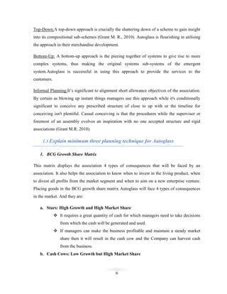 Top-Down:A top-down approach is crucially the shattering down of a scheme to gain insight
into its compositional sub-schemes (Grant M. R., 2010). Autoglass is flourishing in utilising
the approach in their merchandise development.
Bottom-Up: A bottom-up approach is the piecing together of systems to give rise to more
complex systems, thus making the original systems sub-systems of the emergent
system.Autoglass is successful in using this approach to provide the services to the
customers.
Informal Planning:It’s significant to alignment short allowance objectives of the association.
By certain as blowing up instant things managers use this approach while it's conditionally
significant to conceive any prescribed structure of close to up with or the timeline for
conceiving isn't plentiful. Casual conceiving is that the procedures while the supervisor or
foremost of an assembly evolves an inspiration with no one accepted structure and rigid
associations (Grant M.R. 2010).
1.3 Explain minimum three planning technique for Autoglass
1. BCG Growth Share Matrix
This matrix displays the association 4 types of consequences that will be faced by an
association. It also helps the association to know when to invest in the living product, when
to divest all profits from the market segment and when to aim on a new enterprise venture.
Placing goods in the BCG growth share matrix Autoglass will face 4 types of consequences
in the market. And they are:
a. Stars: High Growth and High Market Share
 It requires a great quantity of cash for which managers need to take decisions
from which the cash will be generated and used.
 If managers can make the business profitable and maintain a steady market
share then it will result in the cash cow and the Company can harvest cash
from the business.
b. Cash Cows: Low Growth but High Market Share

6

 